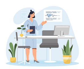 Medical office concept. Woman in medical uniform with notepad. Doctor and specialist give advices and consultation. Health care, medicine and treatment. Cartoon flat vector illustration