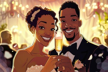 Joyful multi-ethnic bride and groom celebrating their wedding with champagne at an elegant evening reception, digital illustration