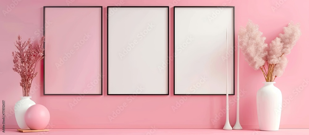 Poster three rectangular frames hang on a peach wall with violet tints. they are next to vases and candles 