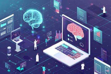 Futuristic healthcare technology concept with AI machine learning and smart brain neurolink, digital illustration - obrazy, fototapety, plakaty