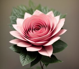 A pink rose with green leaves.