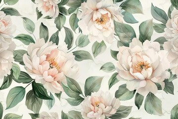 Delicate vintage floral pattern with watercolor peonies and green leaves in soft pastel colors, perfect for textiles and backgrounds, digital painting - obrazy, fototapety, plakaty