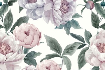 Delicate vintage floral pattern with watercolor peonies and green leaves in soft pastel colors, perfect for textiles and backgrounds, digital painting