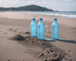 Three plastic bottles on the beach with the ocean in the background.