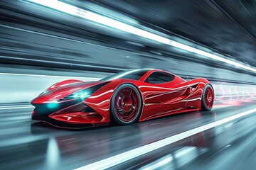 Sleek red sports car speeding on futuristic highway, automotive technology concept illustration