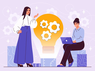 New idea generation concept. Women with laptops near light bulbs. Inspiration and aspiration. Businesswoman with start up or project. Cartoon flat vector illustration isolated on violet background