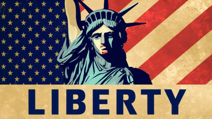 Graphic Statue of Liberty superimposed vintage style American flag, Copy-Space