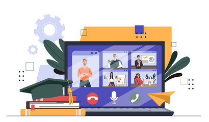 Obraz premium Online briefing concept. Remote workers and employees communicate in video conference and chat. Business discussion on internet. Cartoon flat vector illustration isolated on white background