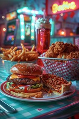 An American diner setting with a juicy hamburger on a vintage plate, crispy fried chicken in a basket, and a slice of apple pie with vanilla ice cream.