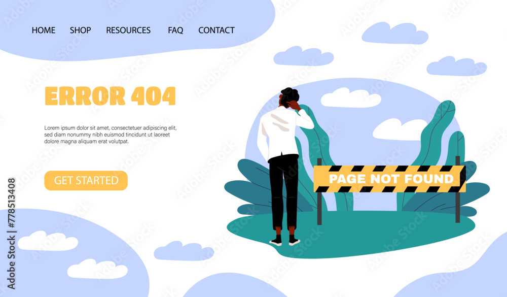 Aufkleber page not found poster. man standng near yellow barrier. error 404. broken address and link to websit