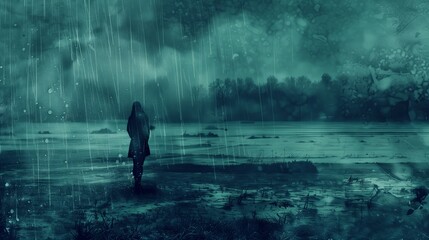 Weathered illustration of melancholy with rain falling on a desolate landscape. Indigo and Green tones. Grunge style illustration - obrazy, fototapety, plakaty