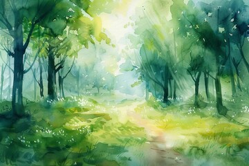 Dreamy watercolor painting of lush spring forest landscape, tranquil nature scenery illustration