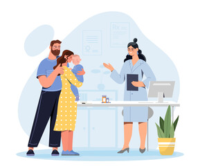 Pediatrician appointment concept. Doctor talk with family with kid. Health care and treatment, diagnosis. Advice and consultation for parents and child. Cartoon flat vector illustration