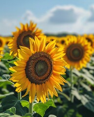 Blooming sunflower crop field