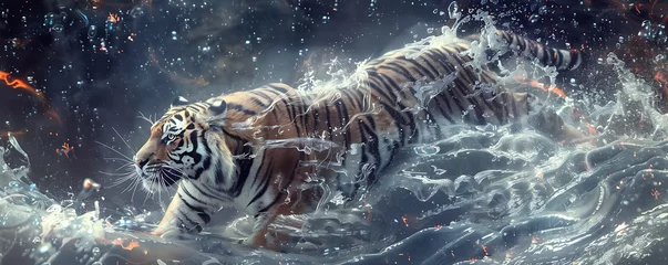 Foto op Canvas majestic tiger in water splashes, running in ocean waves on dark night background © AnnaN