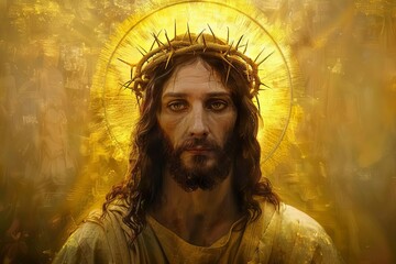 Portrait of Jesus Christ with radiant golden halo, serene expression, digital painting