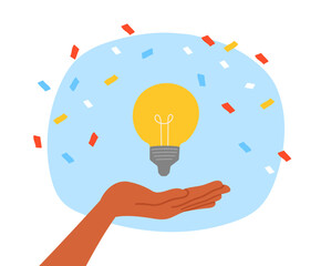 Hand with lightbulb. Woman with idea and insight. Brainstorming and inspiration. Creative processes, innovations. Person with start up or business project. Cartoon flat vector illustration