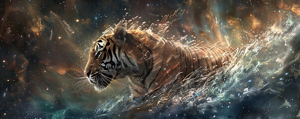 A captivating dramatic art banner illustration of a majestic tiger running jumping through water splash fractals