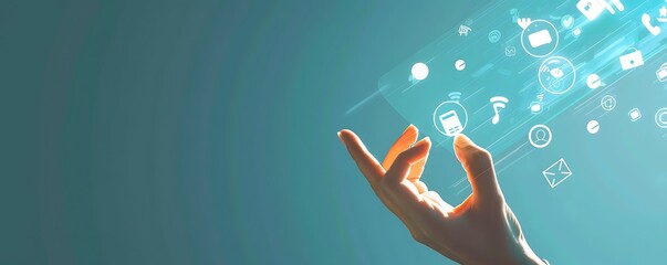 A hand reaches out to touch a screen with digital icons flying around. computer technology banner wallpaper 
