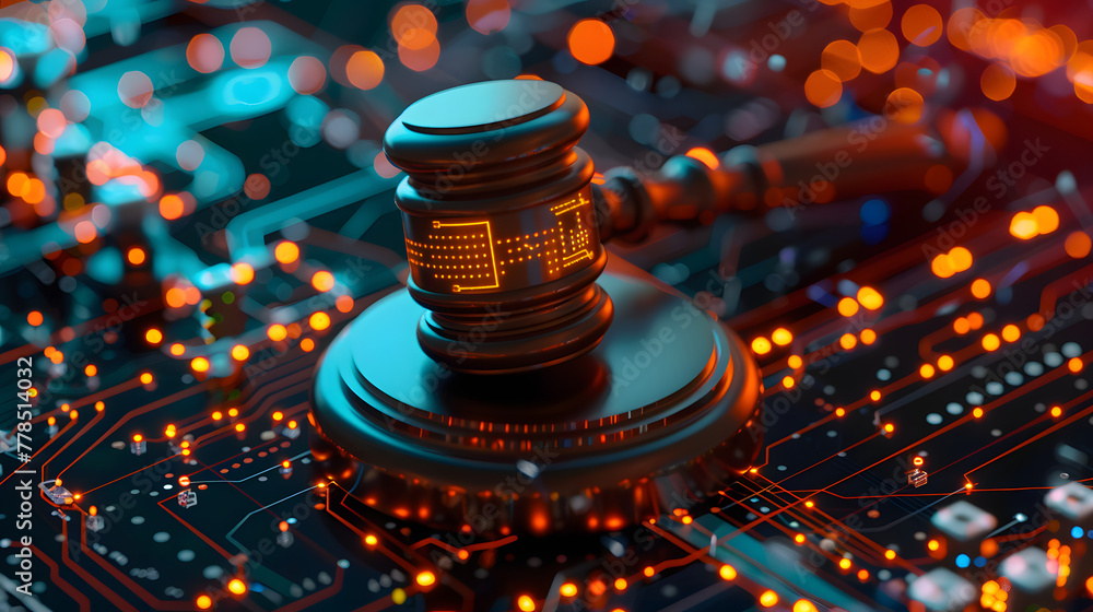 Poster a gavel and digital coins on top of an ai technology background with data points
