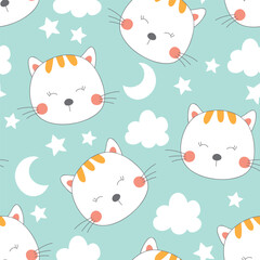 Cute cat seamless pattern. Baby background with cats, moon, stars and clouds. Vector illustration.