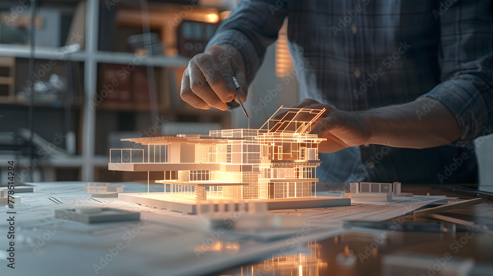 Poster a holographic model of an architectural design being created on top of blueprints