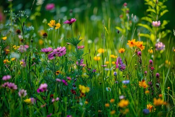 Vibrant spring meadow, colorful wildflowers, lush green grass, nature photography