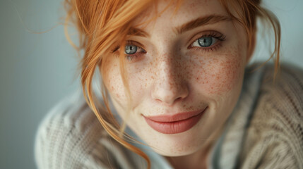 Close-up of a beautiful red-haired girl with freckles looking at the camera on a light background. - obrazy, fototapety, plakaty