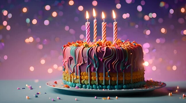 Colorful celebration birthday cake with colorful birthday candles and sparklers against a blue background