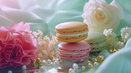 Dreamy Afternoon Tea Delights with Colorful Macaron Decorations and Surrealist Flair.
