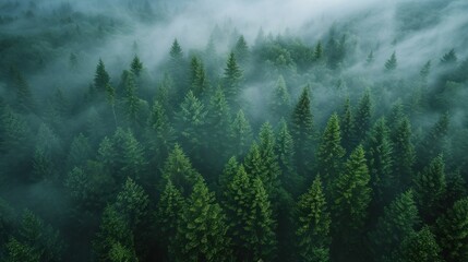 Panoramic view of spruce forest in fog seen from above - obrazy, fototapety, plakaty
