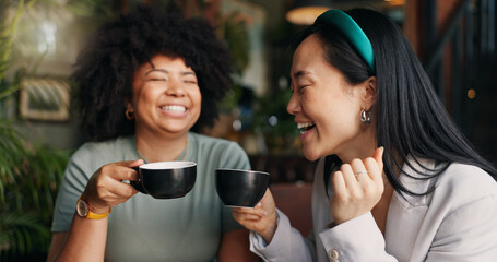 People, friends and laughing with coffee at cafe for funny joke, discussion or break together. Happy group smile enjoying fun conversation with beverage, croissant or cup of tea at indoor restaurant - obrazy, fototapety, plakaty