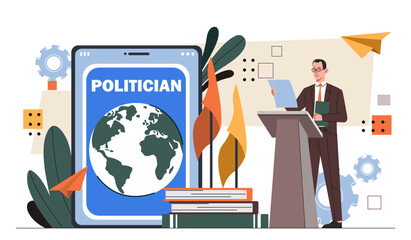 Politician performing concept. Public speaker and orator with microphone. Election campaign. Leader at platform for press conference. Cartoon flat vector illustration isolated on white background