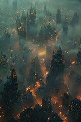 A dystopian city where the smog glows with the eerie light of chemical pollutants, a visible warning of the cancerous danger within 
