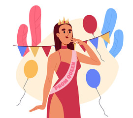 Prom queen concept. Woman in red dress and golden crown with colorful air balloons. Graduation party and event, ceremony. Beauty and elegance, aesthetics. Cartoon flat vector illustration © Rudzhan