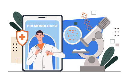 Pulmonologist with equipment concept. Doctor in medical uniform with microscope. Health care and treatment, diagnosis. Bronchial reserach. Cartoon flat vector illustration isolated on white background