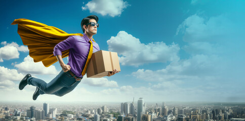 Delivery man holding a package and flying in the sky above the city. Fast service and immediate availability - obrazy, fototapety, plakaty