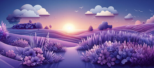 Pastoral landscape of purple lavender fields at sunrise. Beautiful plants and flowers create an imaginary and calm feeling