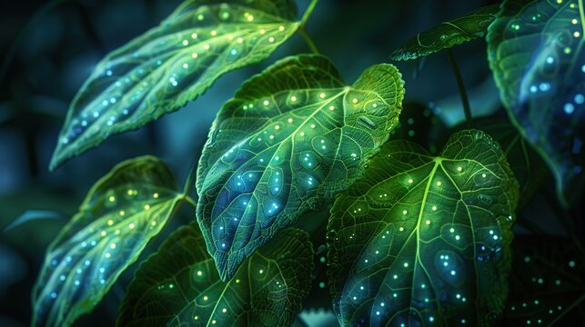 Bioluminescent plants engineered to detect and absorb carcinogens in the environment, their leaves a map of contamination 