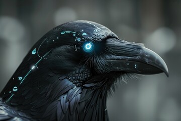 A cybernetic raven whose eyes flash with holographic messages, a modern bearer of omens  - obrazy, fototapety, plakaty