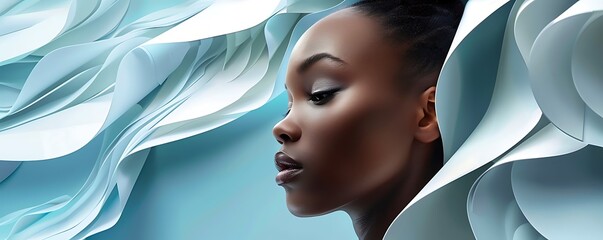 model beautiful face brunette woman profile with fashion make-up on light blue wavy texture background stylish advertising banner