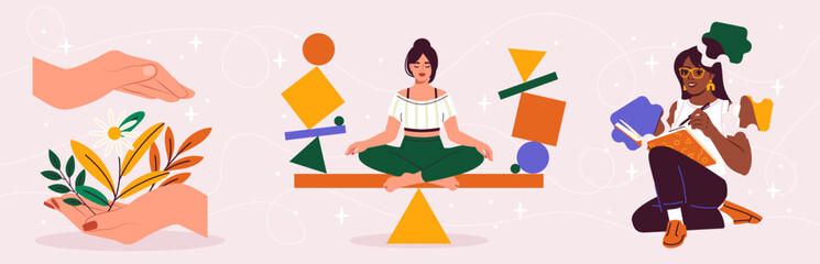 Mental resilience set. Hands with flowers, woman sitting in lotus position and read books. Psychological confidence and inner peace. Cartoon flat vector collection isolated on violet background