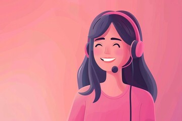 Smiling female call center agent with headset, customer service, telemarketing, digital illustration - obrazy, fototapety, plakaty