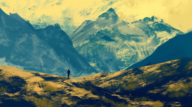 Weathered painting of hiking in rugged mountains. Yellow and Blue tones. Grunge style illustration