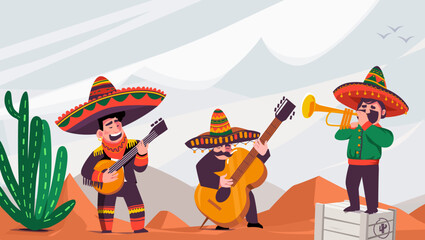 Mariachi. A group of funny Mexican musicians against a desert background. Vector illustration in flat style.