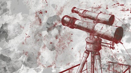 Weathered sketch of an astronomical observatory with rusty telescopes. Red and Silver tones. Grunge style illustration - obrazy, fototapety, plakaty