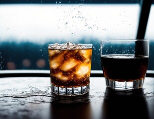 Two glasses of alcoholic beverages sitting on a table in front of a window with rain pouring down outside.