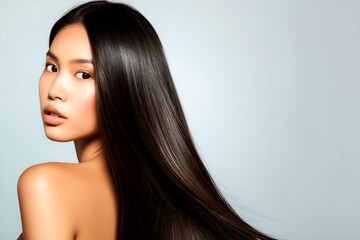 Naklejka premium Beautiful model girl with shiny dark straight long hair. Asian long hair female, Treatment, care and spa procedures. Smooth hairstyle