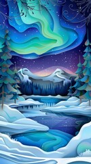 Northern Lights Winter Mountain Snow Night Landscape Paper Cut Phone Wallpaper Background Illustration	
