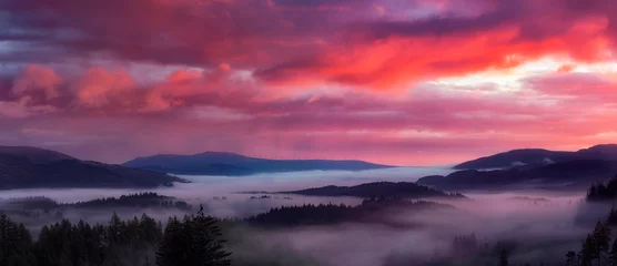 Foto op Canvas Eerie Beauty: Foggy Forest at Sunset in Trossachs, Scotland © Ahmed